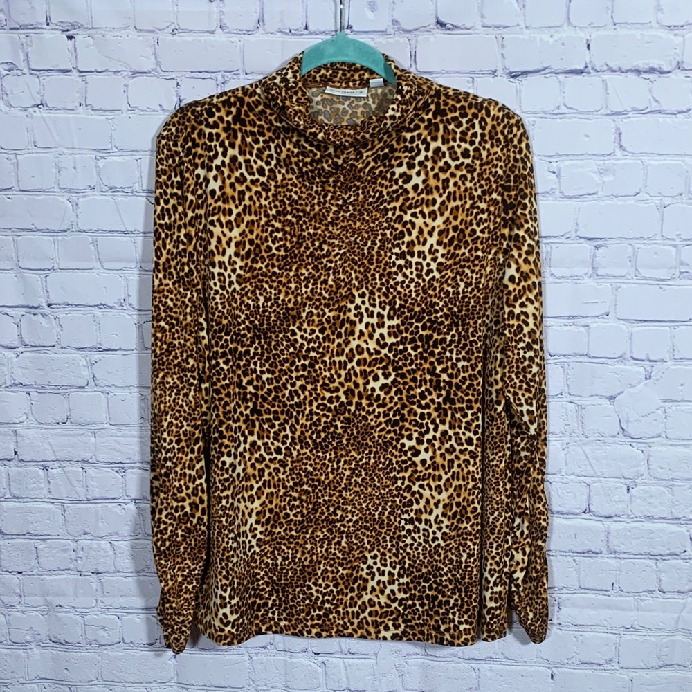 Susan Graver Womens Liquid Knit Mock Neck Long Sleeve Cheetah Print Top Size 1X